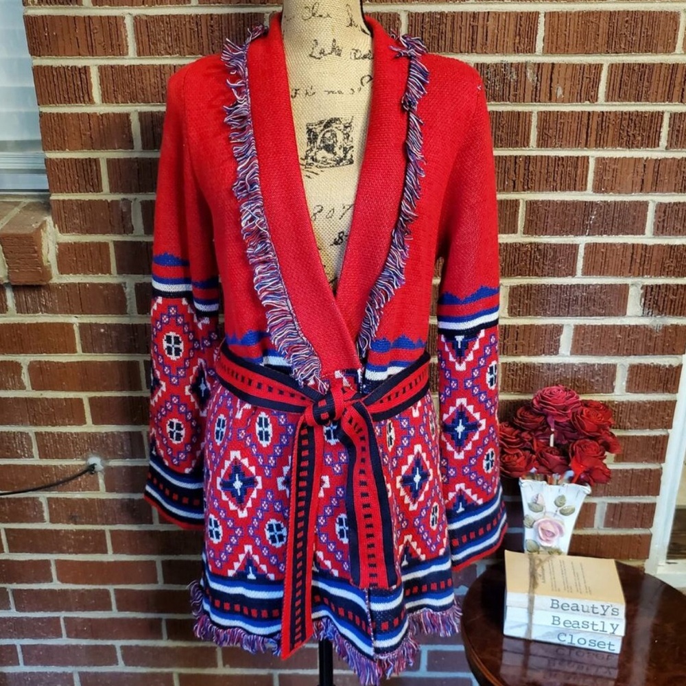 Skies are Blue Sweater Red White Blue Aztec Tribal Fringe Cozy Open Belted Small